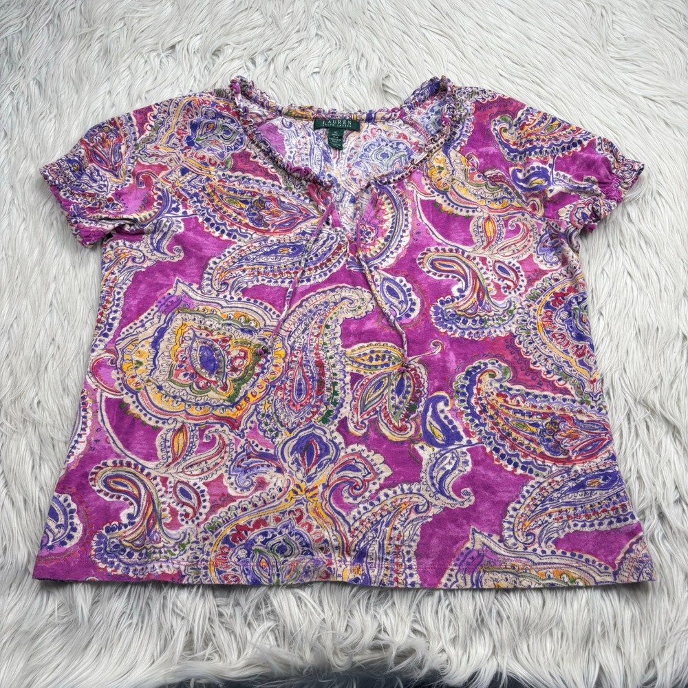 Lauren‎ Ralph Lauren Women's XL Pink Paisley Knit Top Beaded Neckline Boho